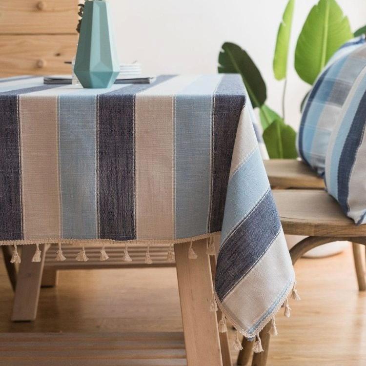 Blue Striped Cotton Linen Tablecloth W/ Tassels