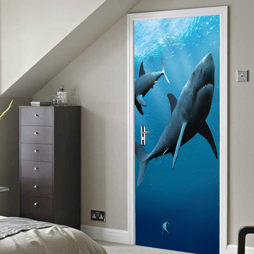 Deep Blue Sea Shark 3d Door Mural Sticker