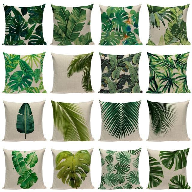 18" Green Tropical Palm Leaf Print Throw Pillow Cover