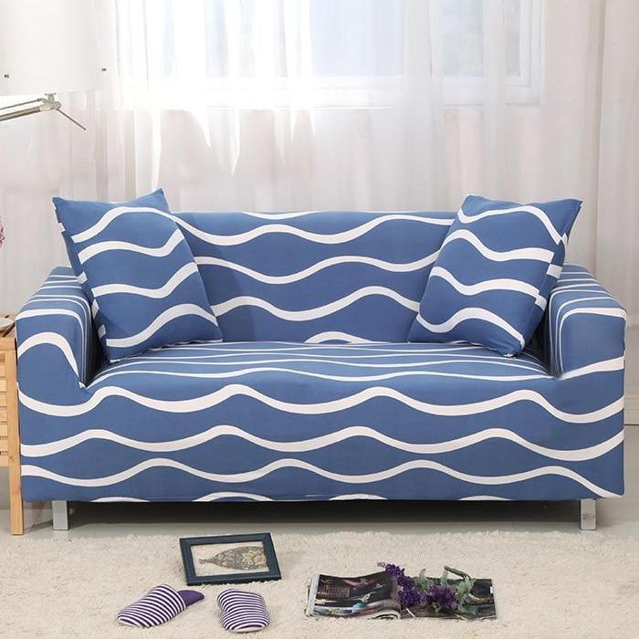 Simple Blue Wave Pattern Sofa Couch Cover