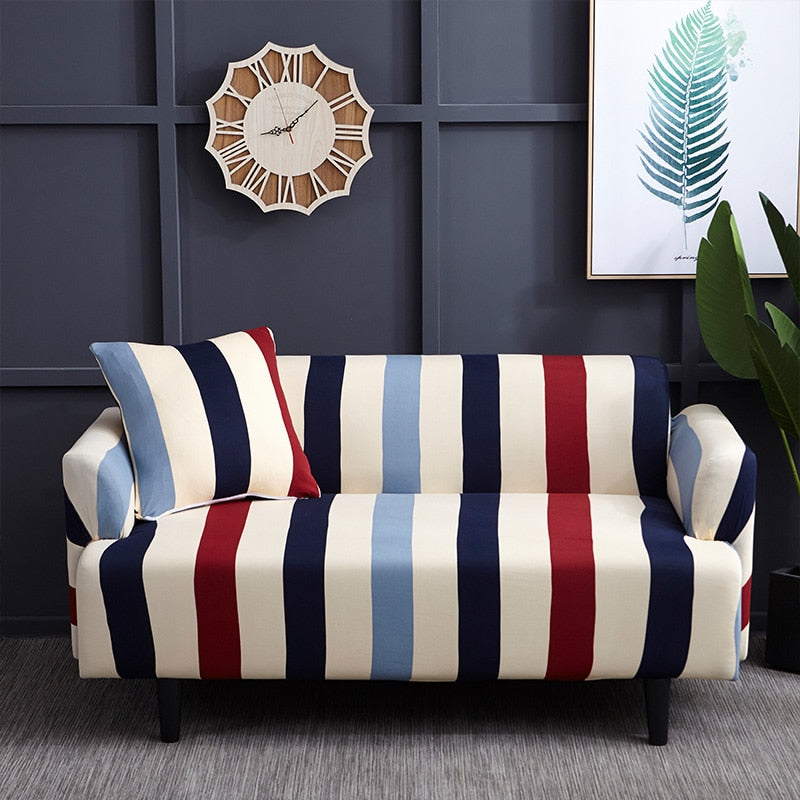 Red / Blue Striped Elastic Sofa Couch Cover