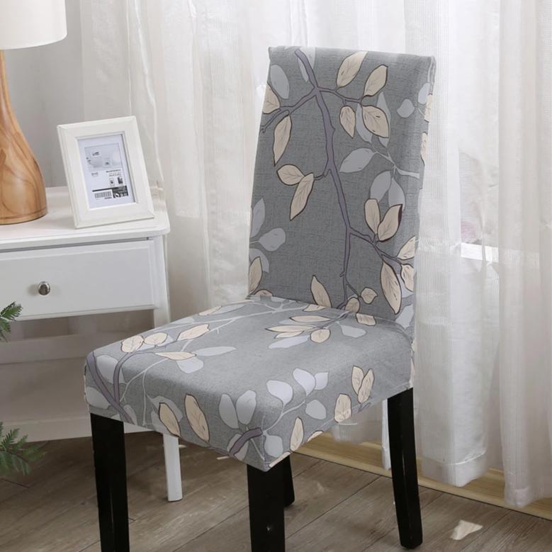 Gray Tree Branch Leaf Print Dining Chair Cover