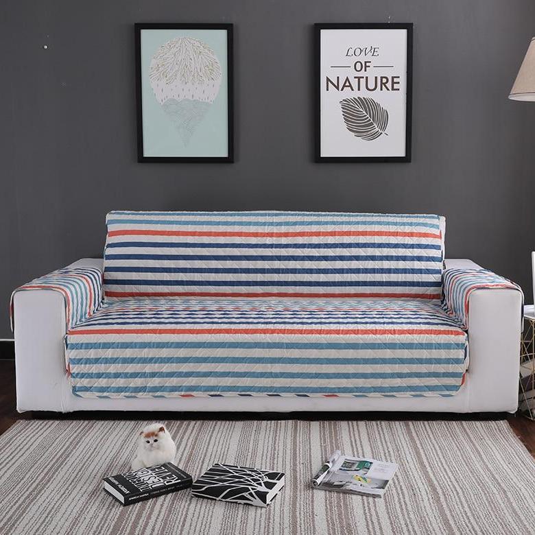 Blue / Orange Stripe Quilted Sofa Couch Protector Cover