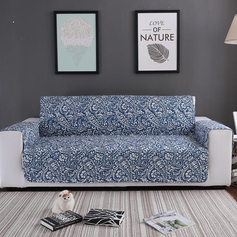 Blue Floral Paisley Quilted Sofa Couch Protector Cover