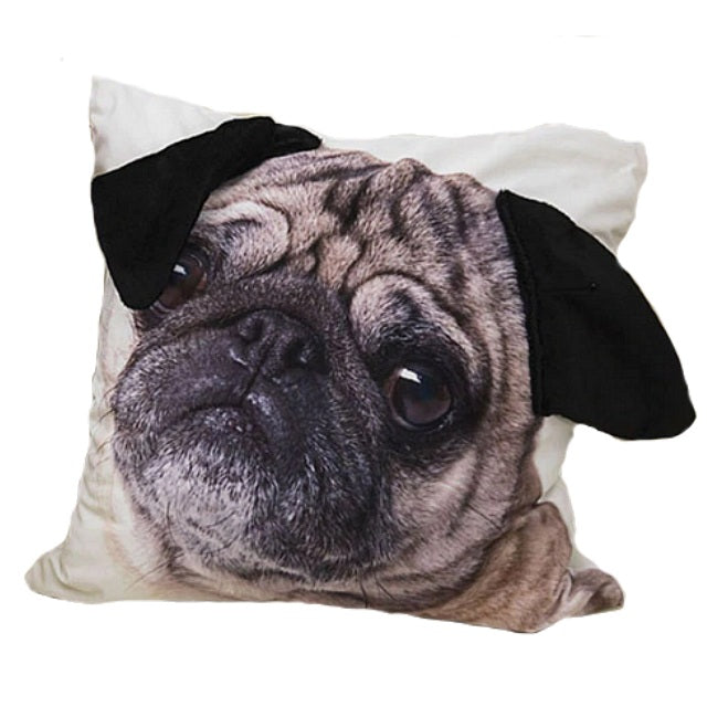 18" Adorable Pug Puppy Face Throw Pillow Cover W/ Ears