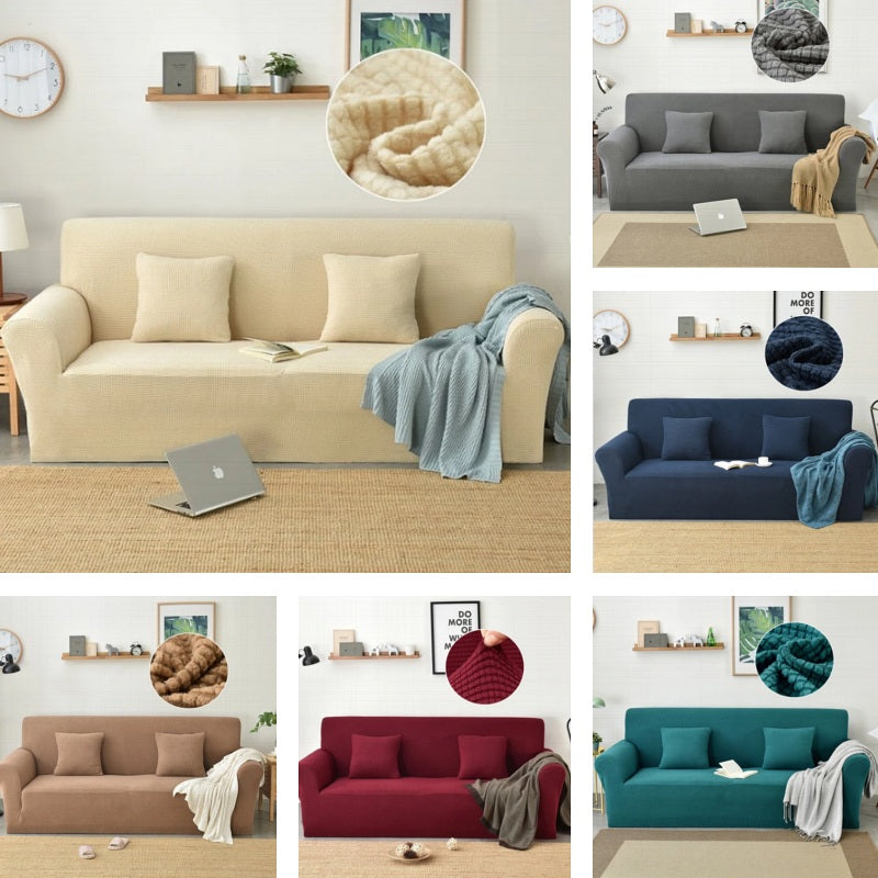 Solid Ribbed Plush Velvet Elastic Sofa Couch Cover