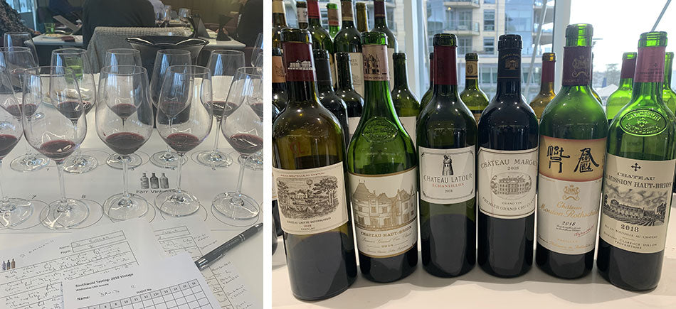 A line up of glasses and bottles from the 2018 Bordeaux Southwold tasting