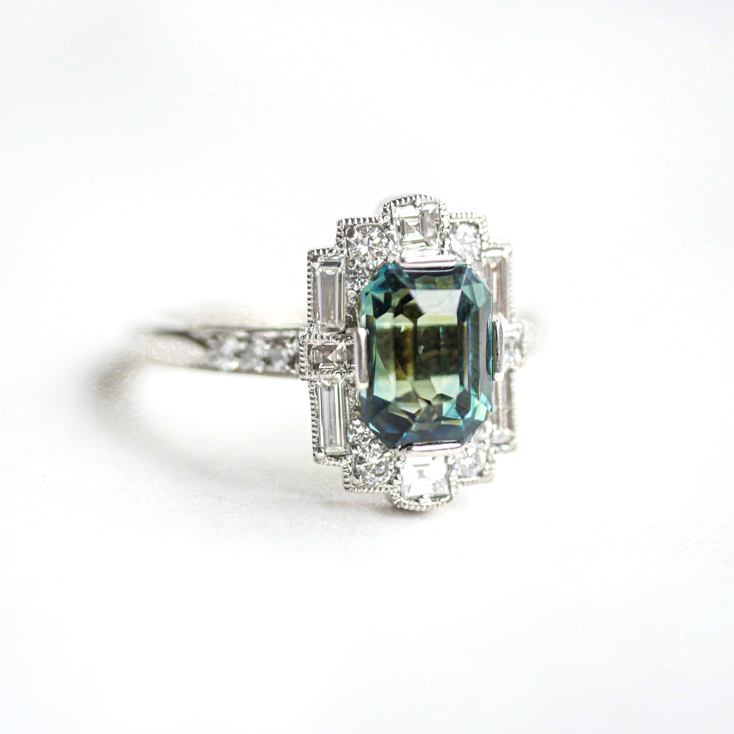 Blue Green Emerald Cut Sapphire Halo Engagement Ring | Berlinger Jewelry