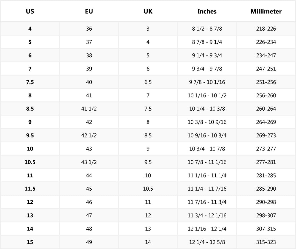 Boots Size Chart– Rock Rooster Footwear Inc