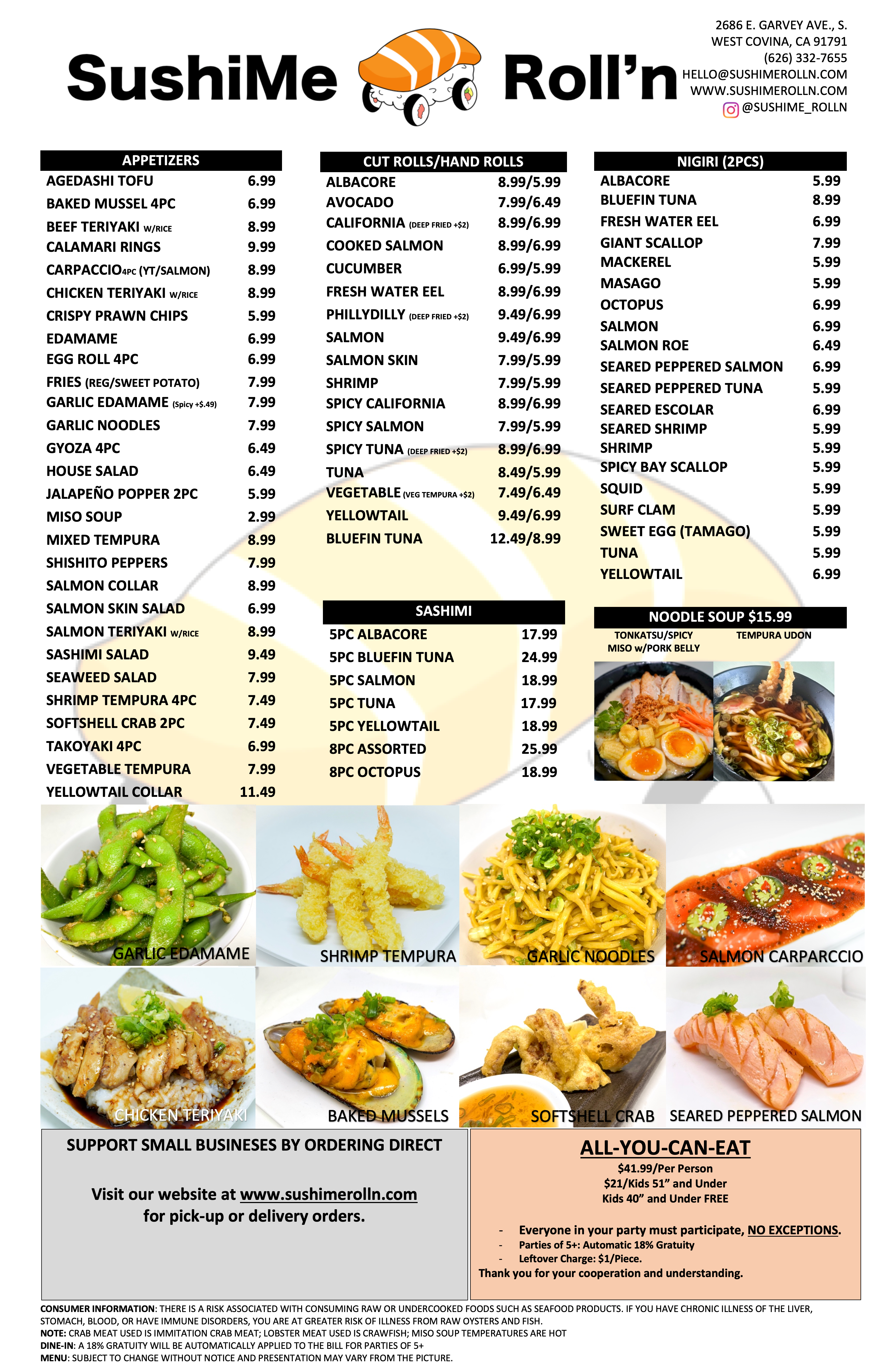 SushiMe Roll'n April 2024 Menu Page 1