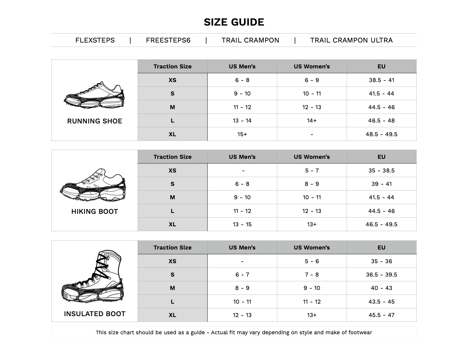 Hillsound Equipment Size Chart Traction Spikes Cleats Crampons