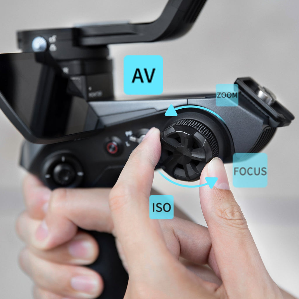 Roll the Focus Control Wheel to adjust on the roll axis, aperture, ISO, electronic/mechanical follow focus, and zoom