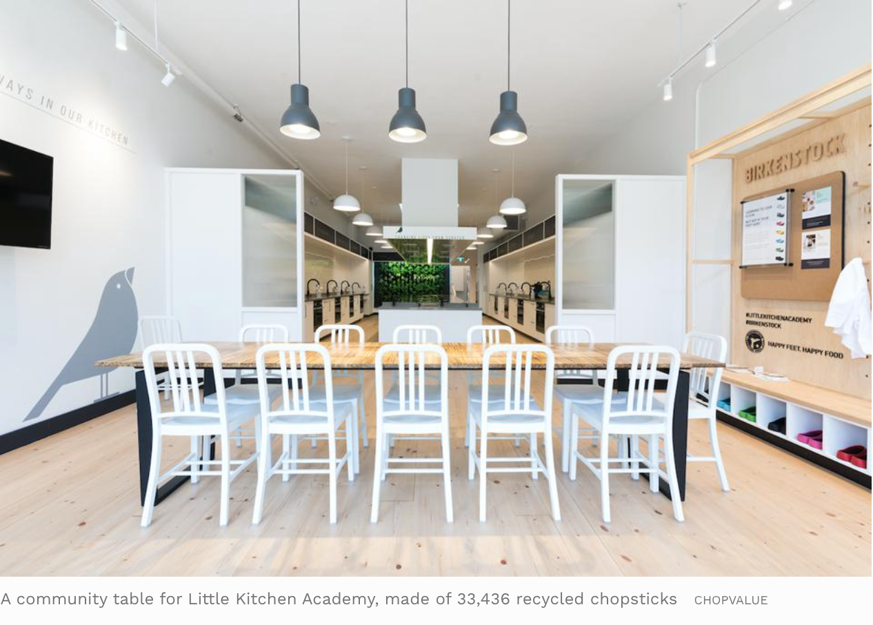 A community table for Little Kitchen Academy, made of 33,436 recycled chopsticks