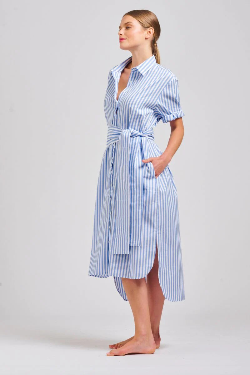 Annie Short Sleeve Shirt Dress - Pale Blue Stripe