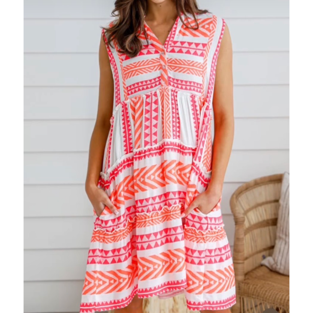 Sleeveless Mediterranean Dress - Pink & Orange