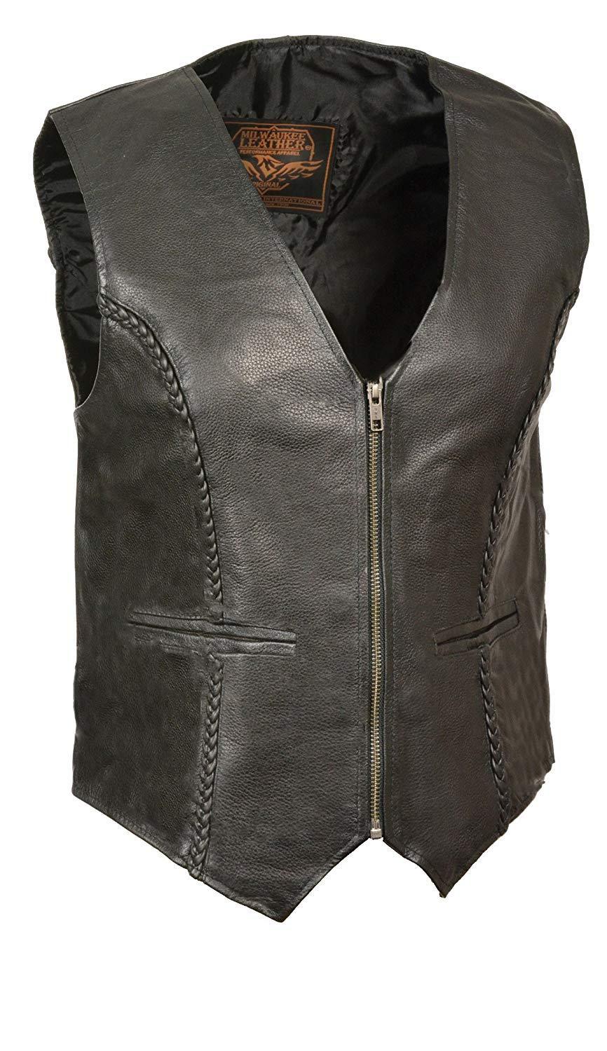 Image of Milwaukee Leather SH1246Z Women's Black Leather Classic Braided Motorcycle Rider Vest with Front Zip Closure