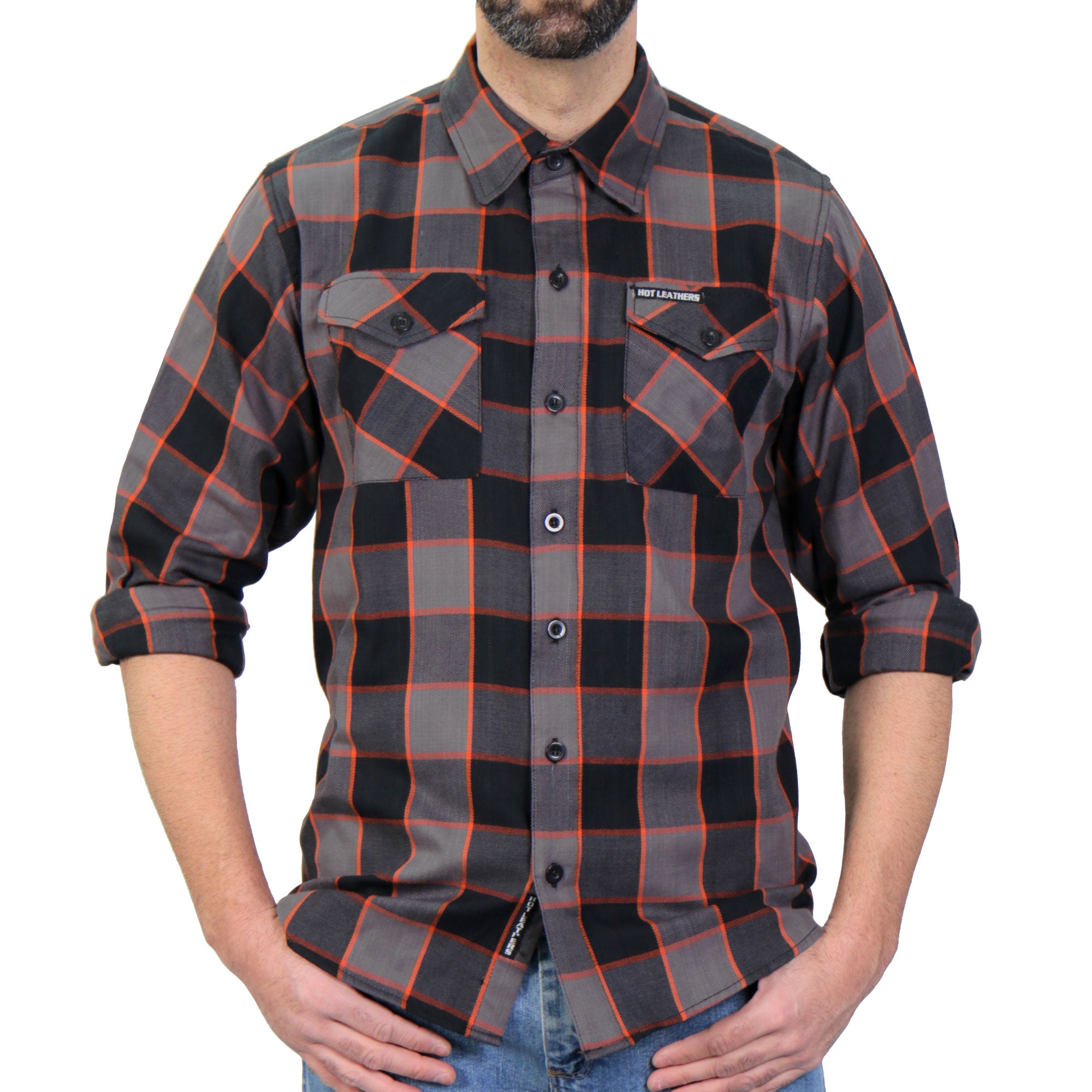 Hot Leathers Black Gray & Orange Long Sleeve Flannel