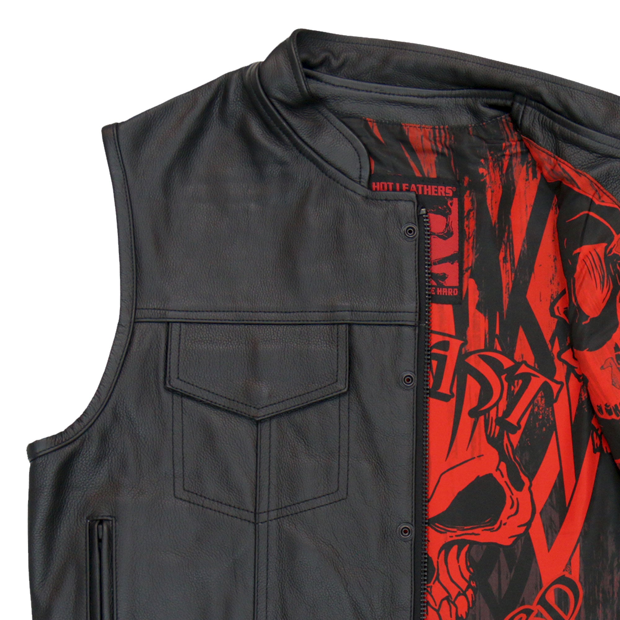 Image of Hot Leathers VSM1055 Mens Black 'Over The Top Skull' Motorcycle Club Style Conceal and Carry Leather Biker Vest