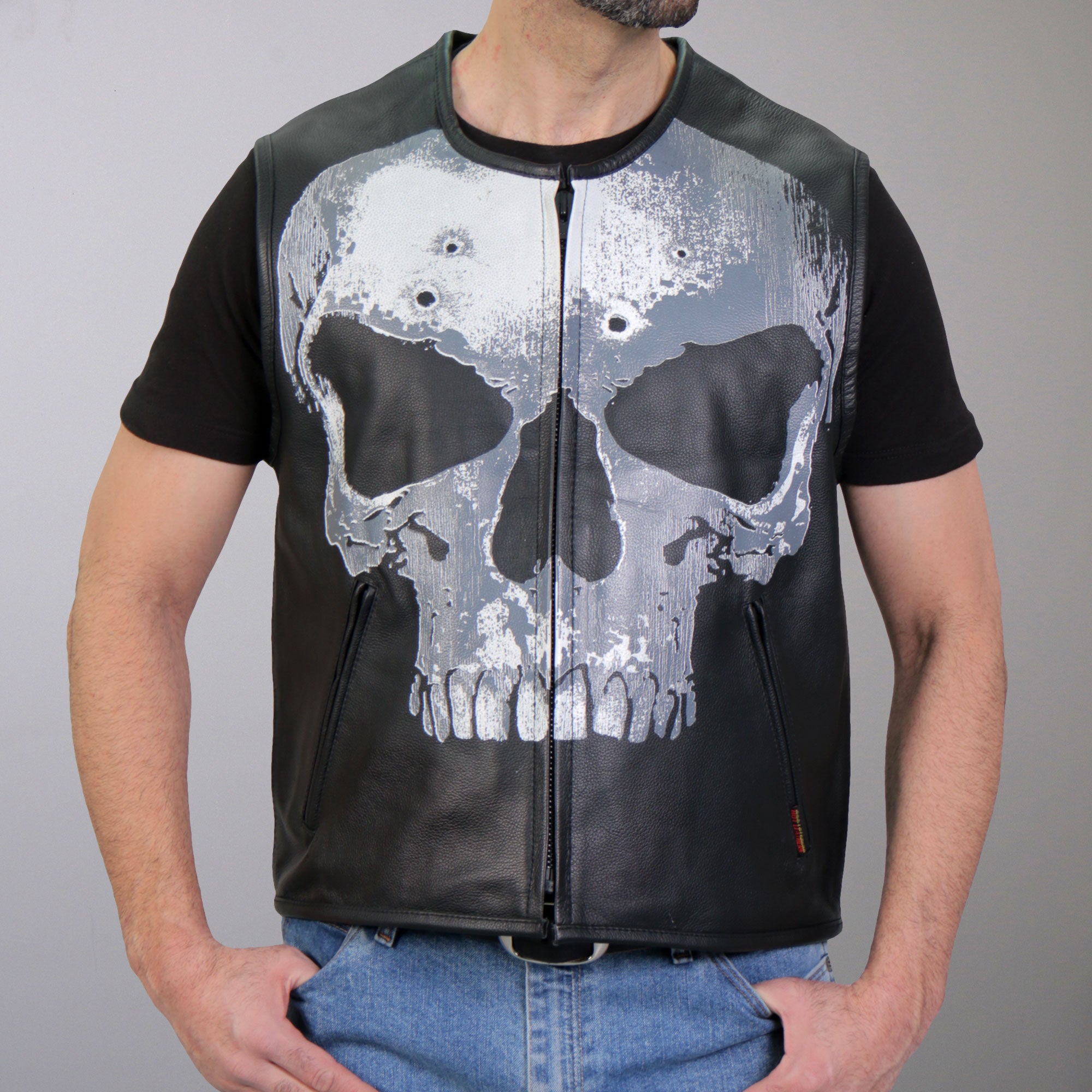 Image of Hot Leathers VSM2001 Men's Black Motorcycle Club style Jumbo Skull Conceal and Carry Leather Biker Vest