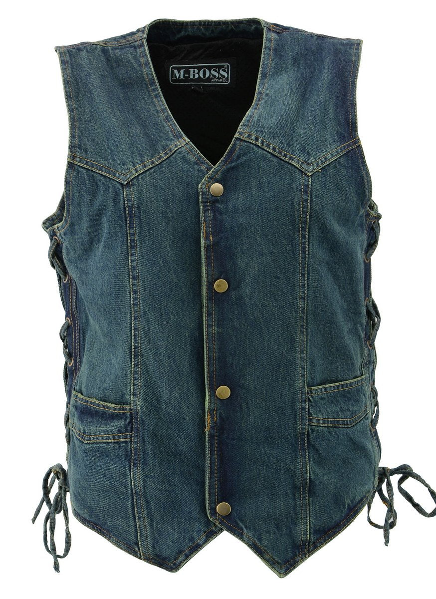 Image of M Boss Motorcycle Apparel BOS13003 Men's Blue Denim Motorcycle Side Lace Vest with Quick Draw Pocket