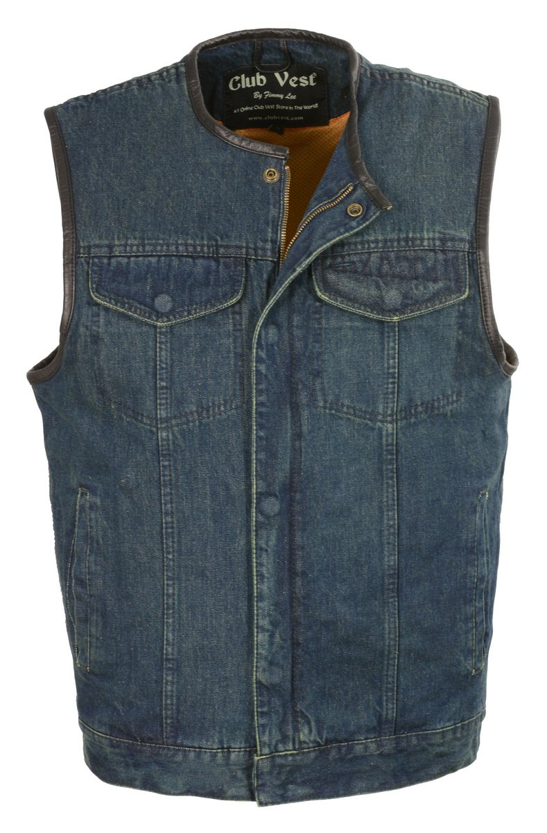 Club Vest CV3004LT Men's Blue Denim Collarless Vest with Concealed Sna