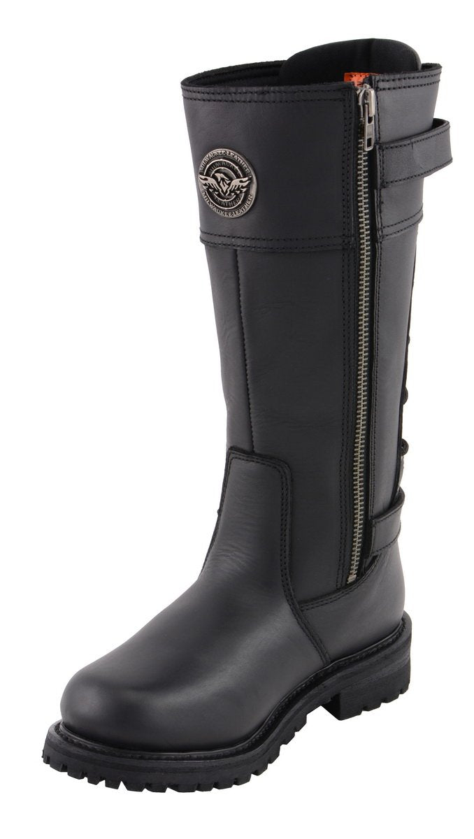 Milwaukee Leather MBL9385 Womens Black 15 Inch Calf Laced Leather Riding Boots with Side Zipper Entry - Milwaukee Leather Womens Boots