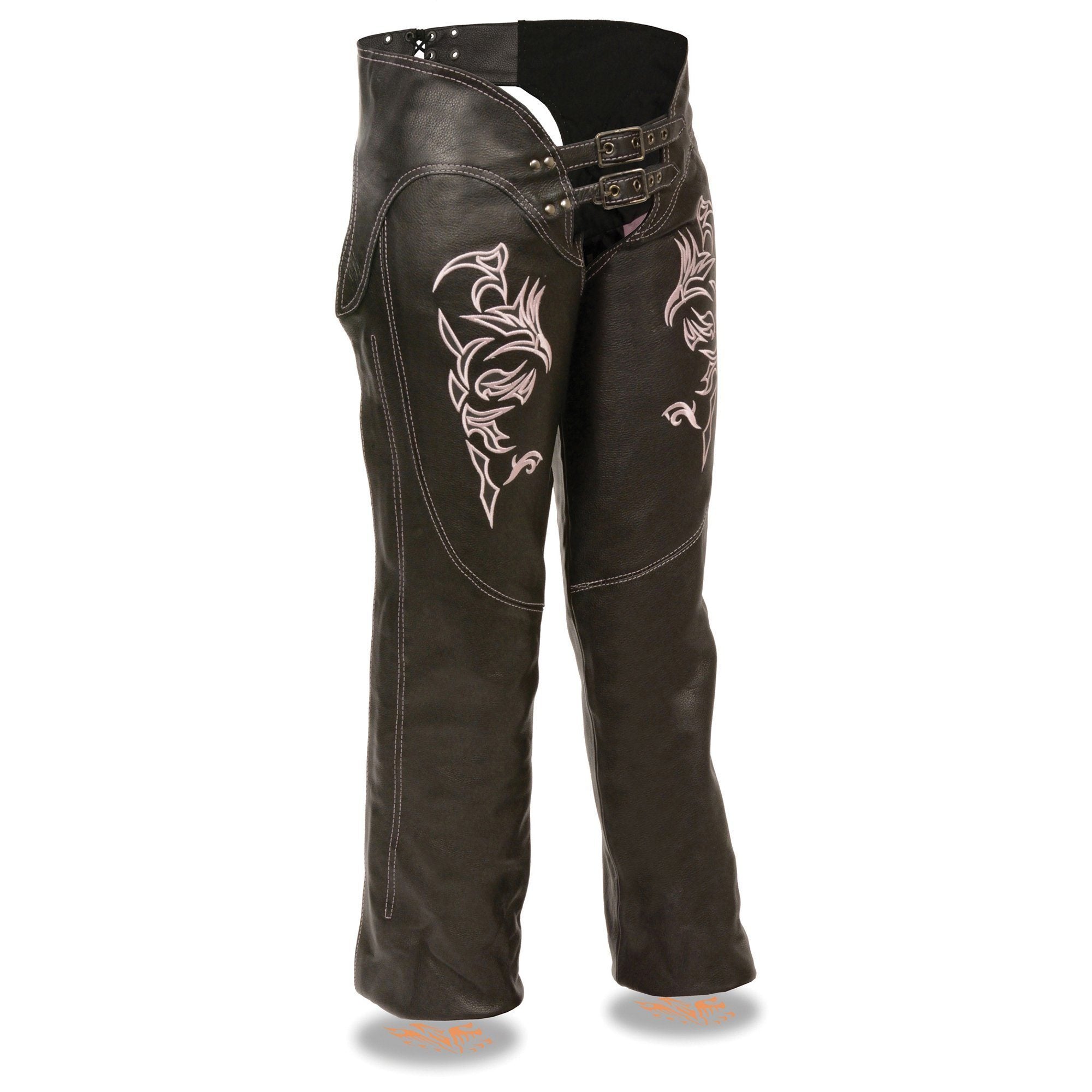 Image of Milwaukee Leather Chaps for Women Black and Pink Low-Rise Waist- Double Buckle Reflective Embroidery Motorcycle Chap- ML1187