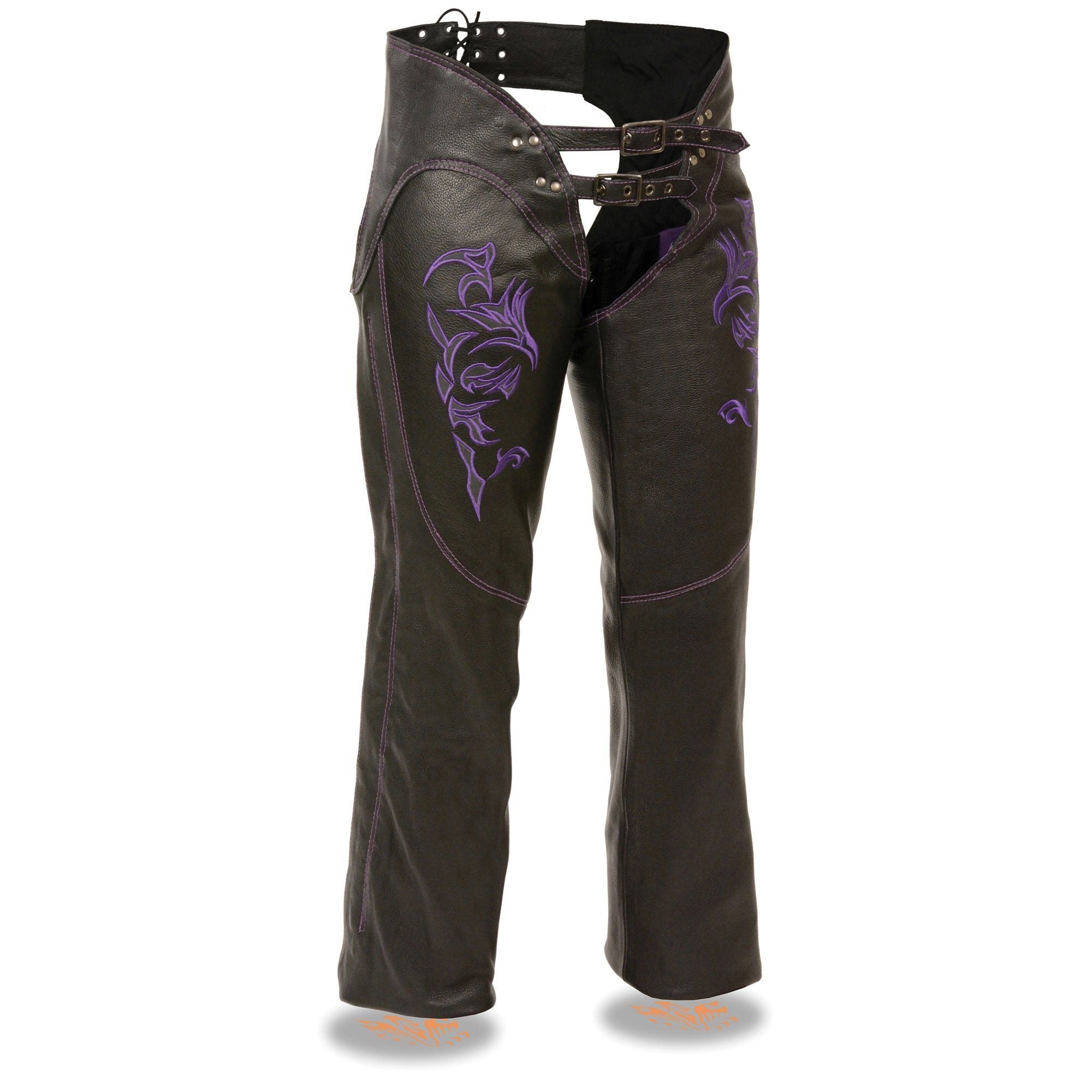 Image of Milwaukee Leather Chaps for Women Black and Purple Low-Rise Waist- Double Buckle Reflective Embroidery Motorcycle Chap- ML1187