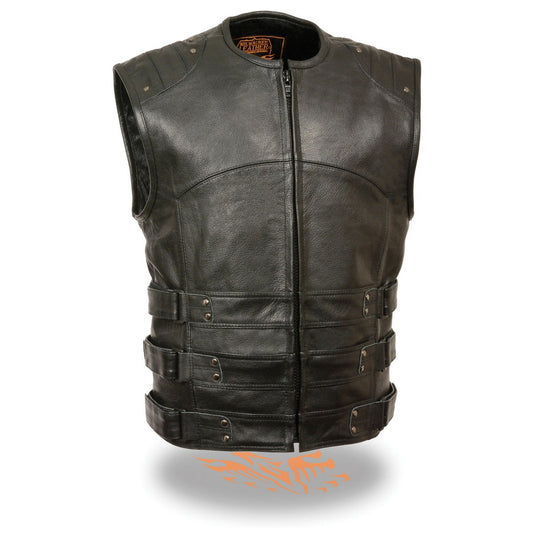 Milwaukee Leather MLM3520 Men's Black Leather Vest - Classic V-Neck St