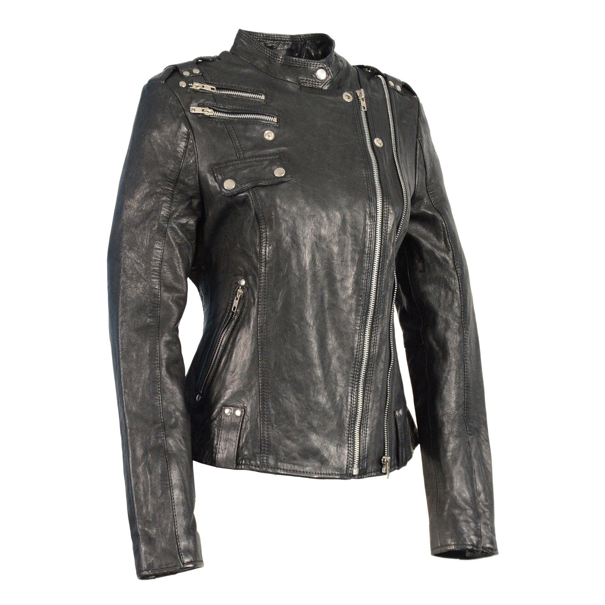 Milwaukee Leather SFL2845 Women's Black Leather Moto Jacket with Asymm