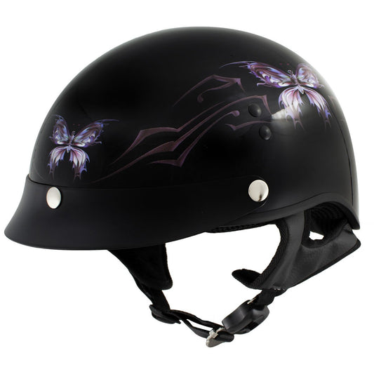 Outlaw Helmets T70 Glossy Black Purple Butterfly Motorcycle Half Helmet for  Men & Women with Sun Visor DOT Approved