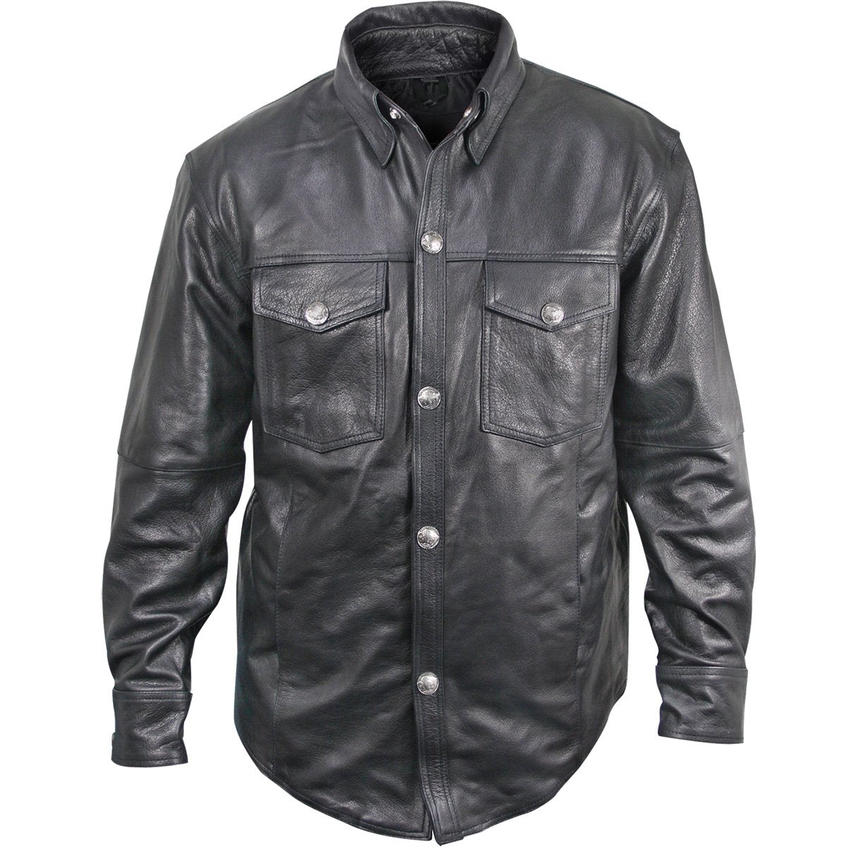 Image of Xelement XS908B Men's 'Nickel' Black Leather Casual Biker Rider Shirt with Vintage Buffalo Buttons