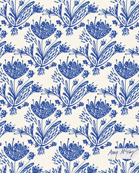 blue and white pen and ink floral repeat pattern by Amy McCoy