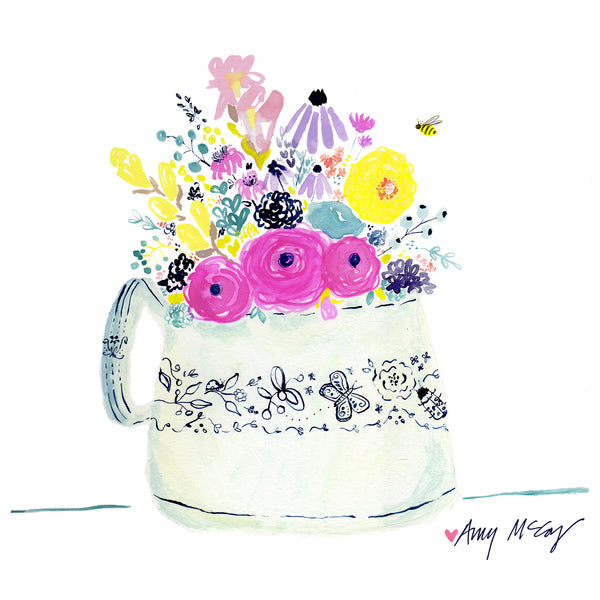 cheery flowers in white vase with indigo details hand painted by Amy McCoy