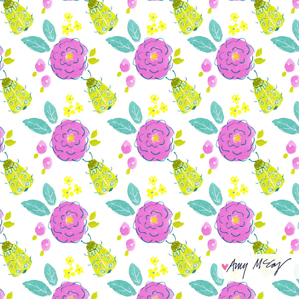 pink flower and lime green moth repeating pattern by Amy McCoy