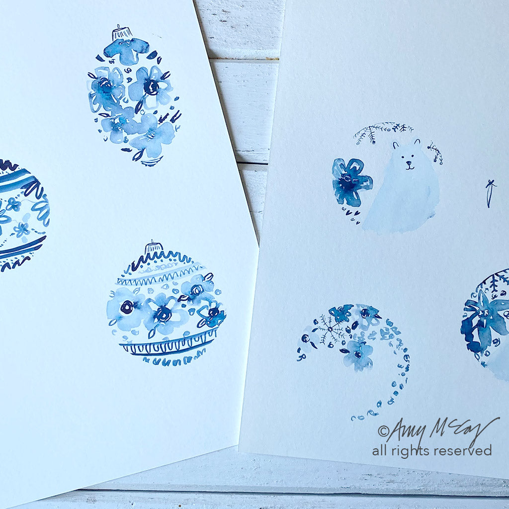 ornament paintings in indigo by Amy McCoy