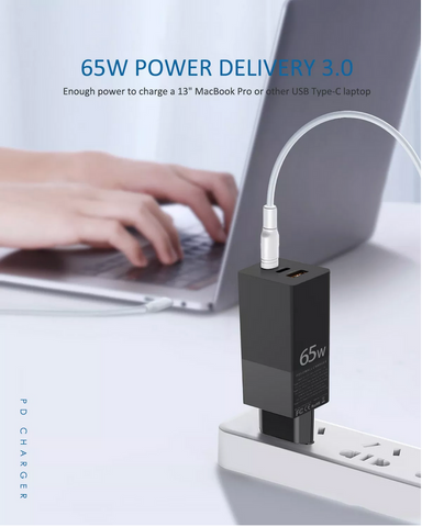 65W Multifunksjonell 3 i 1 USB Adapter lader GaN Reiselader 65W