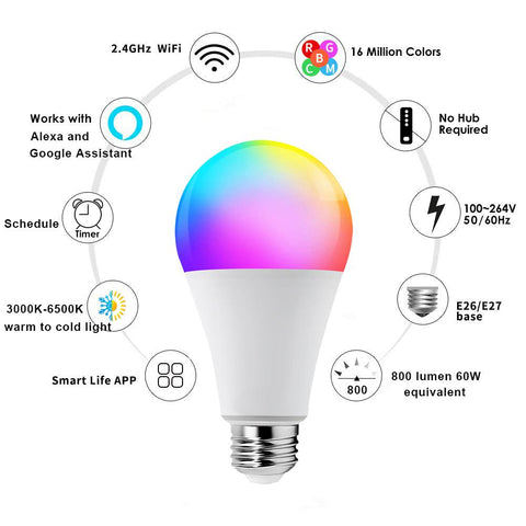 Smart WiFi Alexa Light Bulbs LED RGB Color