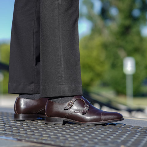 Brown monk strap shoes paired with suit for weddings, office and meetings