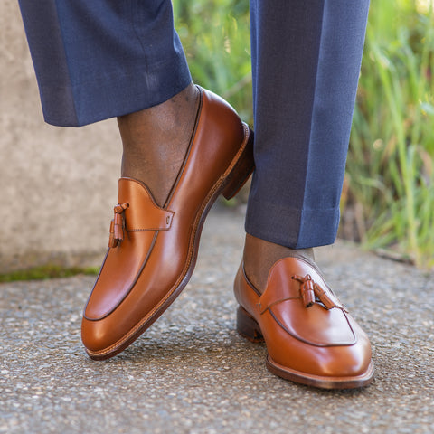 Mens tassel loafers in tan worn tailored with wedding suit