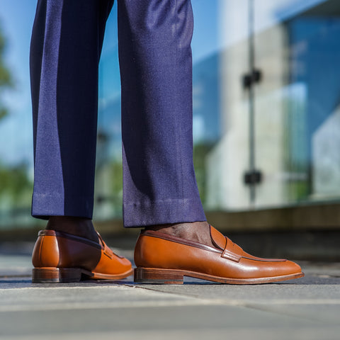 Mens tan loafers worn with dress pants