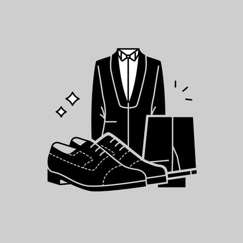 Mens black dress shoes paired with tailored slim fit suit
