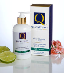 Quannessence, made in Canada, skincare, beauty, holistic approach, Face, Cleanser, Cream, white bottle with pump, ingredients around