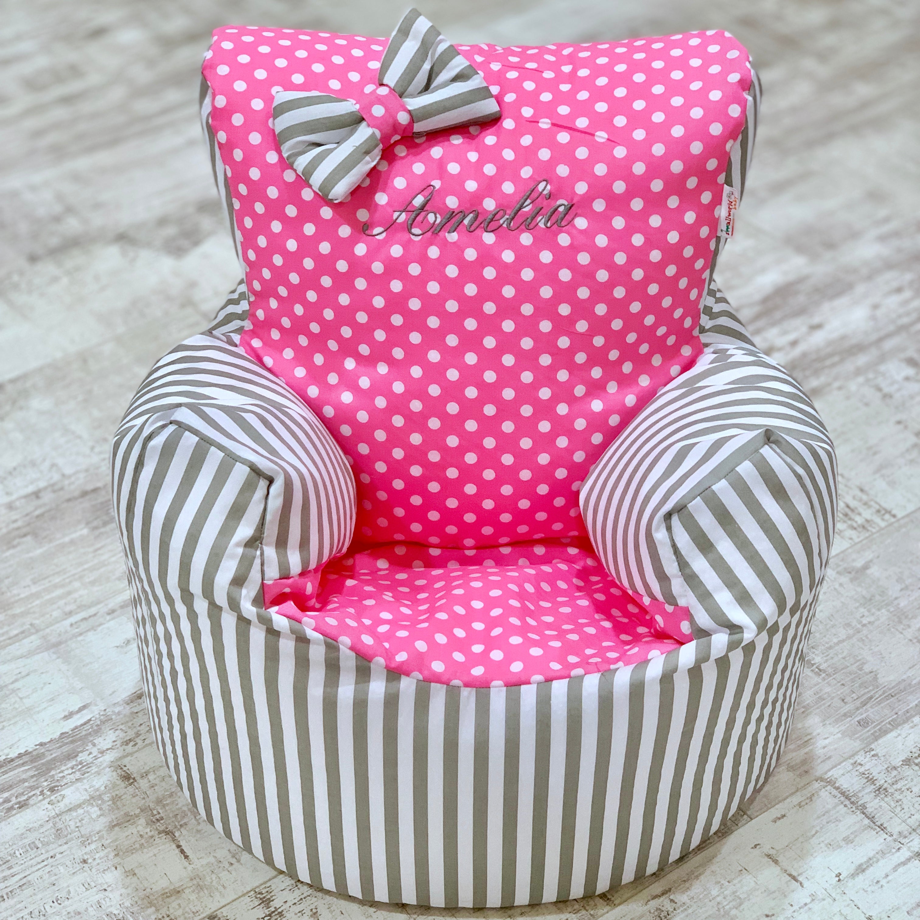 Personalised Grey Stripe And Pink Polka Dot Bean Bag Chair Small