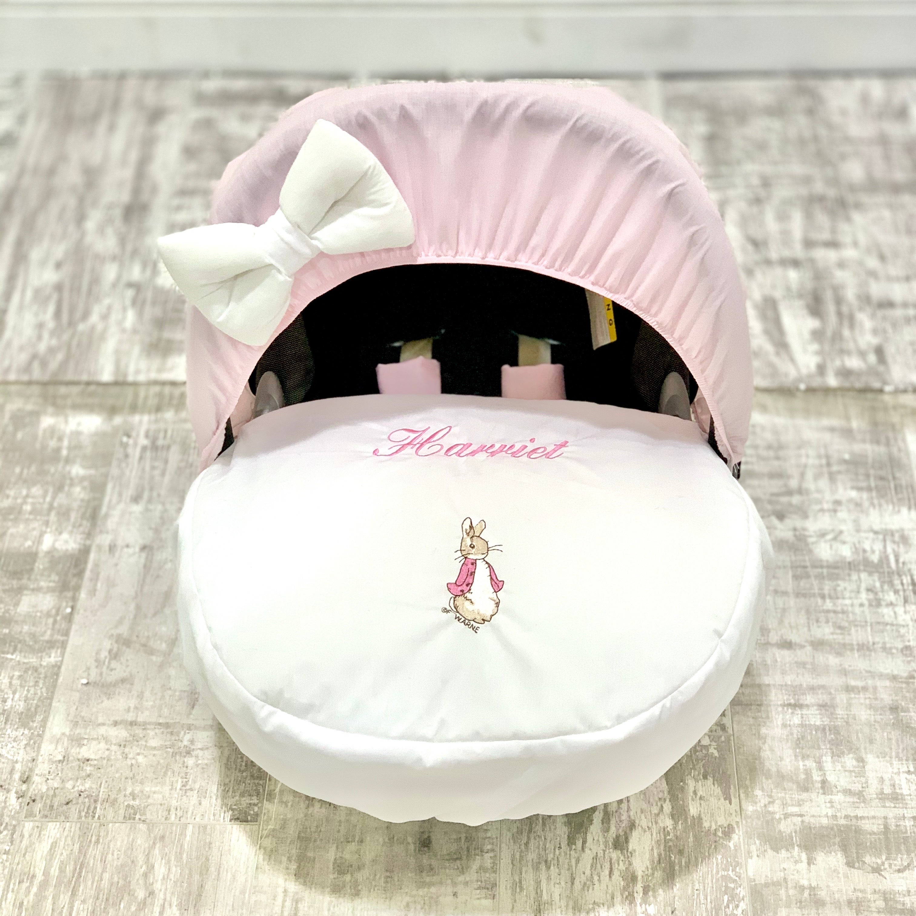 Personalised Pink Peter Rabbit Car Seat Cover Small World Baby Shop