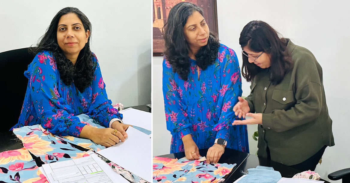 Image 1, left. Archita is smiling for the camera. Image 2, right. Archita is pictured with a colleague reviewing printed fabric swatches.