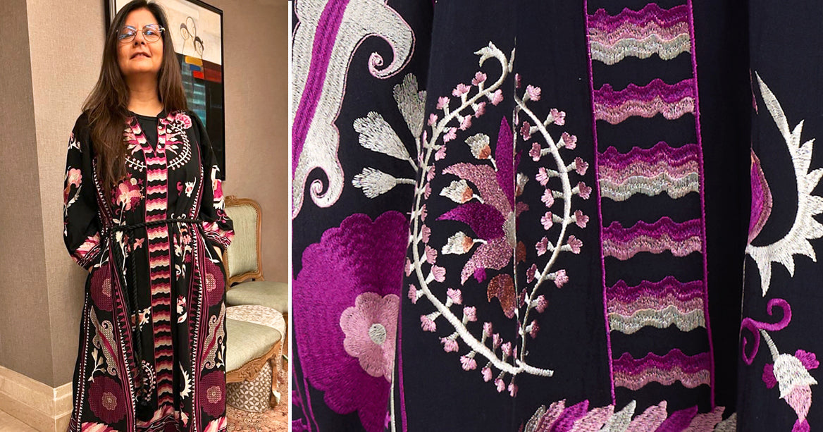 Image 1, left. Samta smiles for the camera as she wears our Pratchi embroidered dress. Image 2, right. Close up of embroidery of our Pratchi dress, designed by Samta