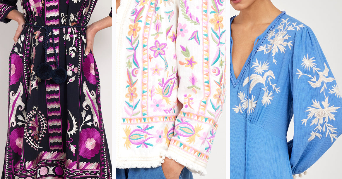 Close up of embroideries that Samta has worked on. Pratchi Dress, Leilani Jacket and Fern Dress. (left to right images)