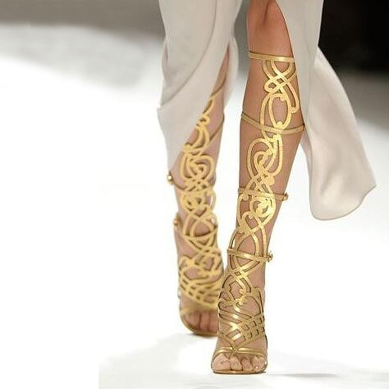 Gold Gladiator Style Knee High Heels 