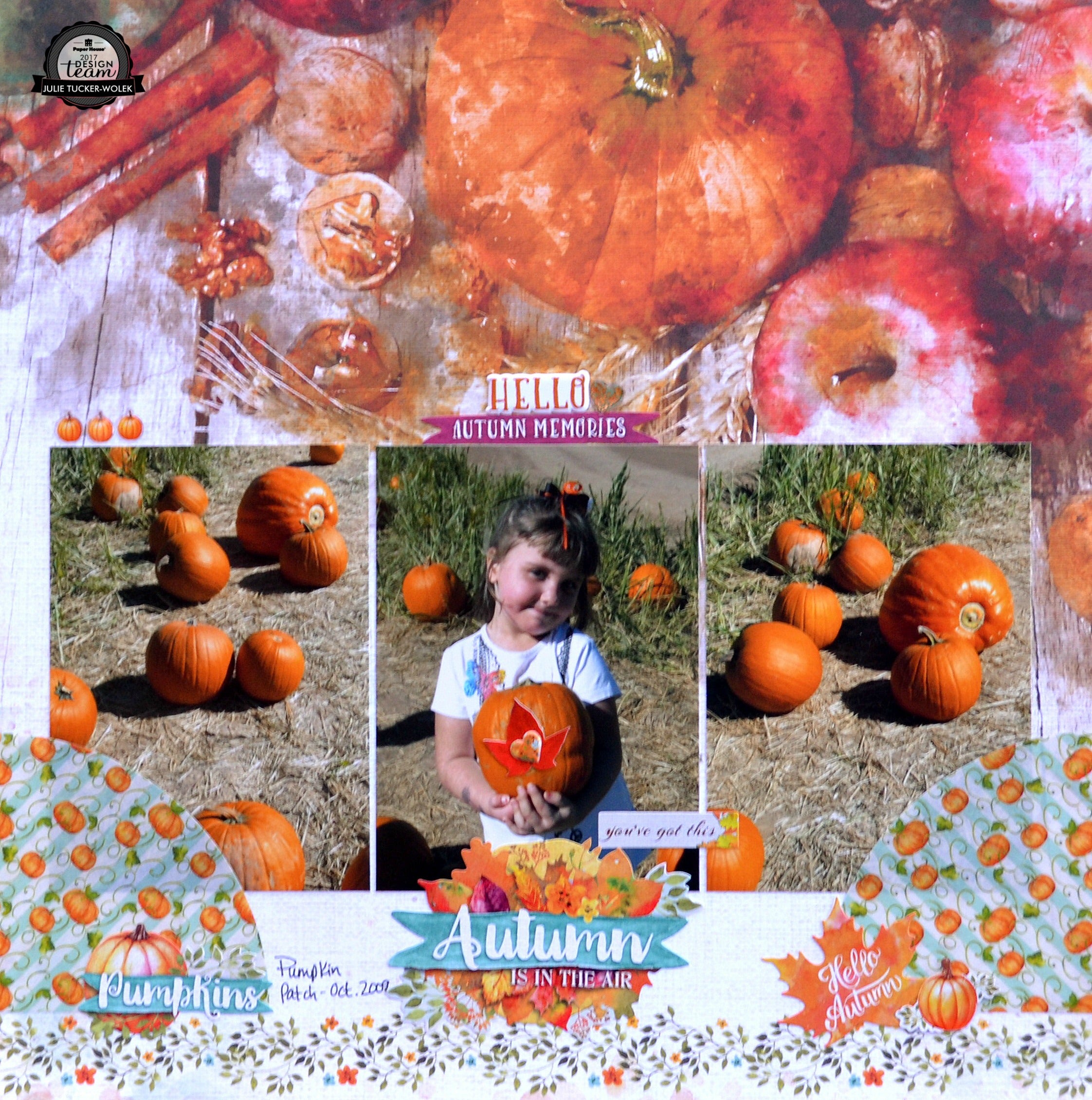 scrapbook layout featuring autumn pumpkins and photo of girl in pumpkin patch.